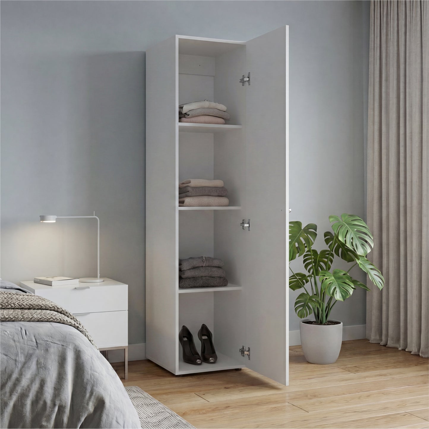 Home Linen Freestanding Tall Cabinet with Single Door with One Mirror and 4 Horizontal Storage Shelves, Cabinet for Bathroom, Bedroom or Laundry Room