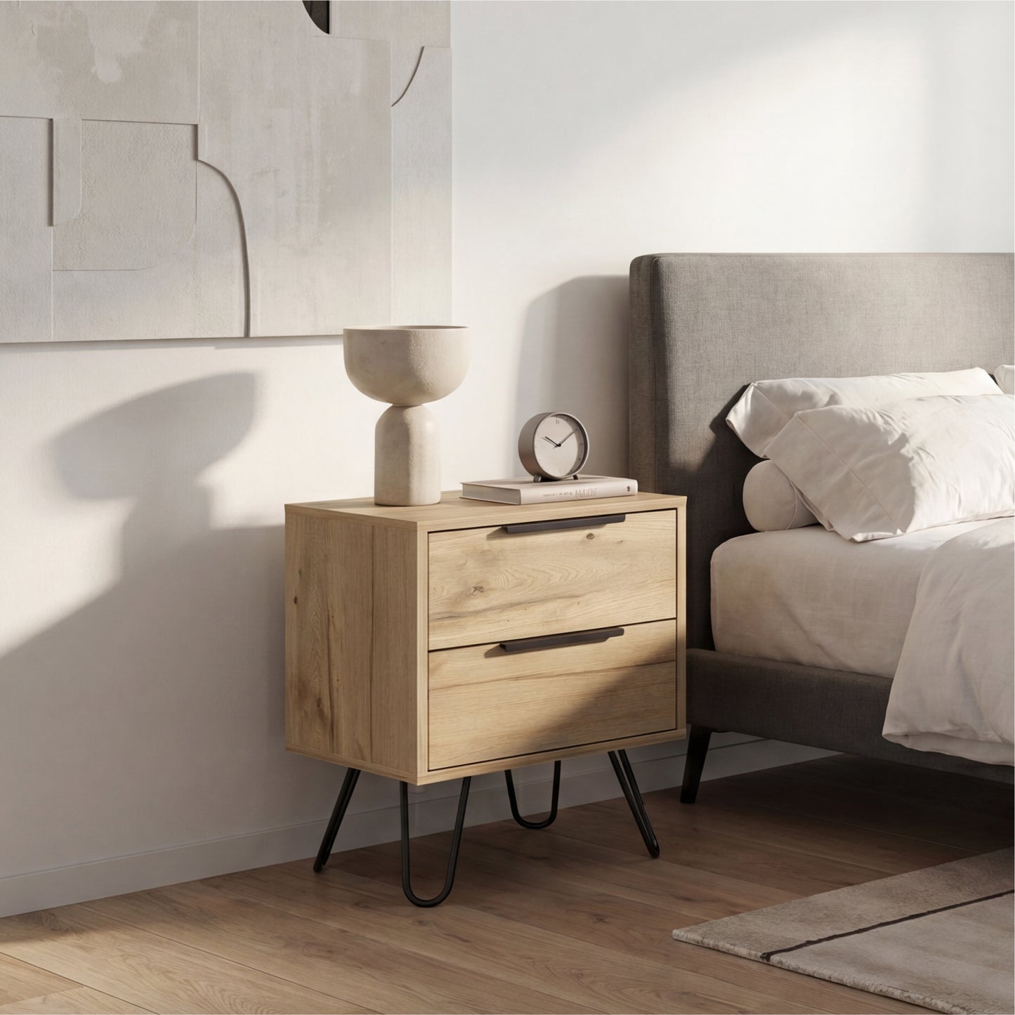 Tuhome Augusta 2 Nightstand with Two Spacious Drawers, Compact Bedroom Storage Cabinet, Modern Functional Bedside Table for Organizing Essentials, Durable Design for Small Spaces, Contemporary Nightstand Solution