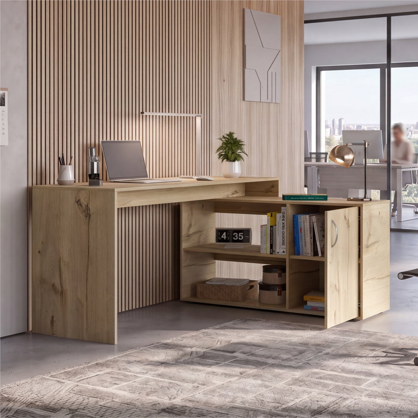 Tuhome Axis Modern L-Shaped Computer Desk with Spacious Work Surface, Open Shelving, Closed Storage Cabinet with Interior Shelves, Contemporary Corner Desk for Home Office Organization and Efficient Work-From-Home Setups