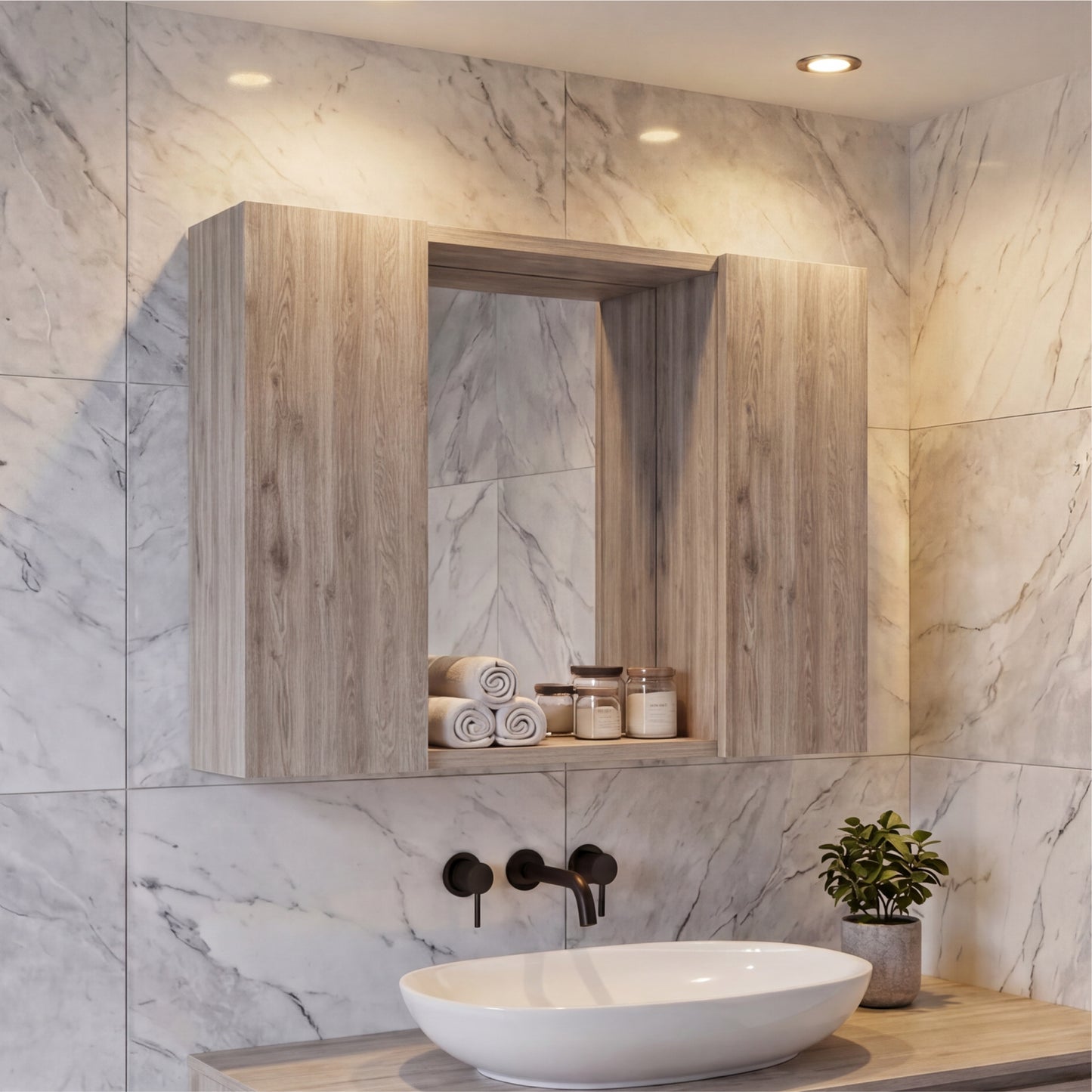 Tuhome Artemisa Medicine Cabinet with Integrated Mirror, Six Interior Storage Shelves, Secure Double-Door Design, Space-Saving Wall Cabinet for Organized Bathrooms and Daily Essentials.