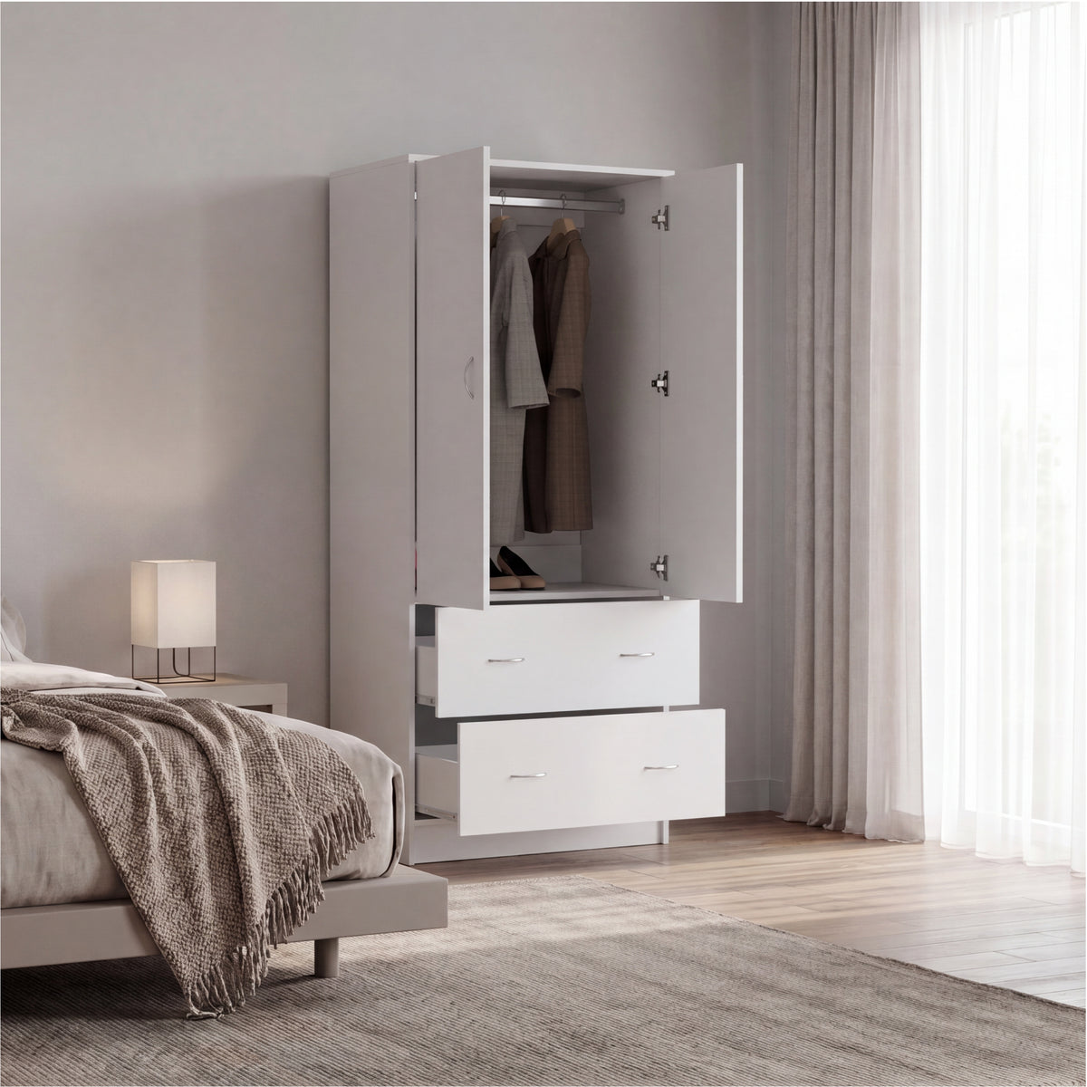 Taly 2-Door Armoire with Two Drawers and Hanging Rod, Spacious Wardrobe Storage Cabinet for Clothing, Accessories and Daily Essentials, Functional Vertical Closet Organizer for Bedrooms and Dressing Spaces