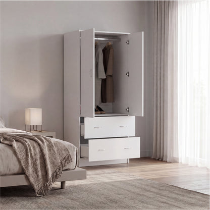 Taly 2-Door Armoire with Two Drawers and Hanging Rod, Spacious Wardrobe Storage Cabinet for Clothing, Accessories and Daily Essentials, Functional Vertical Closet Organizer for Bedrooms and Dressing Spaces