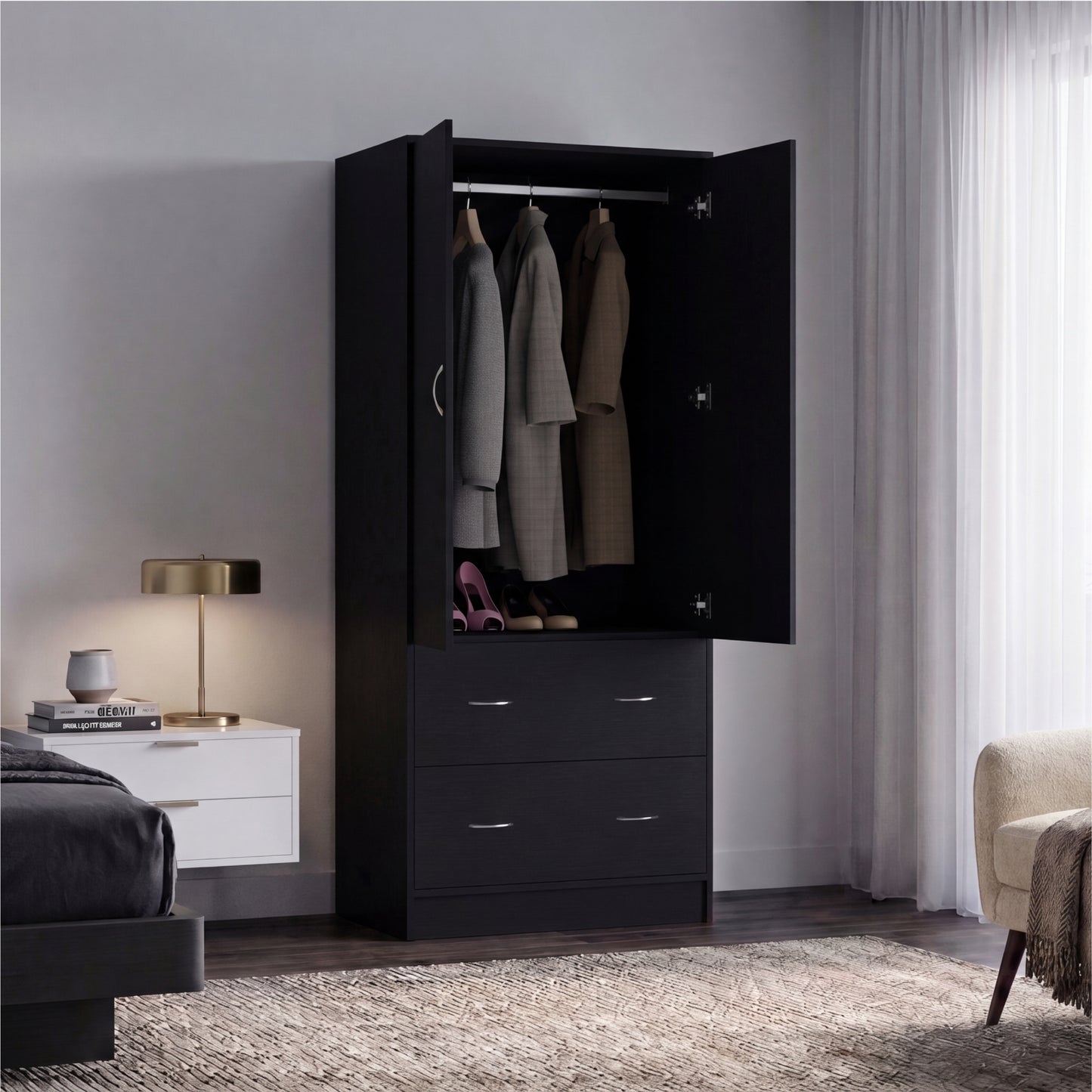 Taly 2-Door Armoire with Two Drawers and Hanging Rod, Spacious Wardrobe Storage Cabinet for Clothing, Accessories and Daily Essentials, Functional Vertical Closet Organizer for Bedrooms and Dressing Spaces