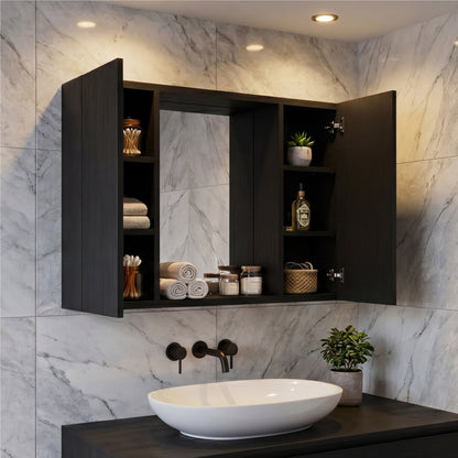 Tuhome Artemisa Medicine Cabinet with Integrated Mirror, Six Interior Storage Shelves, Secure Double-Door Design, Space-Saving Wall Cabinet for Organized Bathrooms and Daily Essentials.