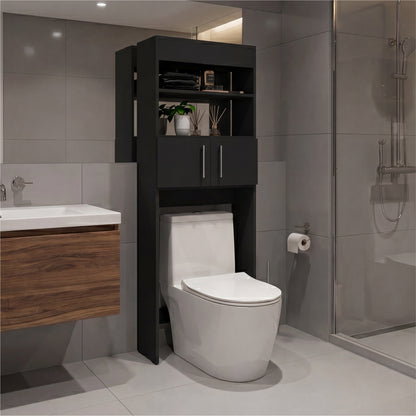 TUHOME Madrid Over The Toilet Cabinet with Double Door Storage, Two Spacious Shelves, Space-Saving Bathroom Organizer for Toiletries, Towels and Essentials, Modern Freestanding Design.