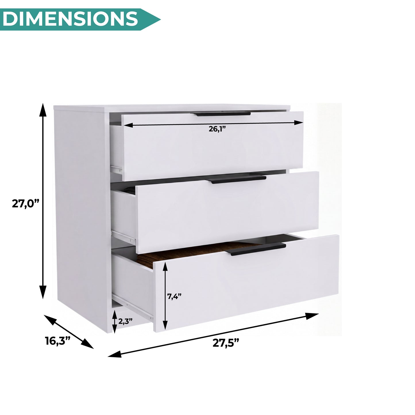 Tuhome Kaia 3 Drawers Dresser with Spacious Storage, Modern Superior Top for Décor, Functional Bedroom Organizer for Clothing and Essentials, Contemporary Space-Saving Furniture with Smooth Metal Hardware