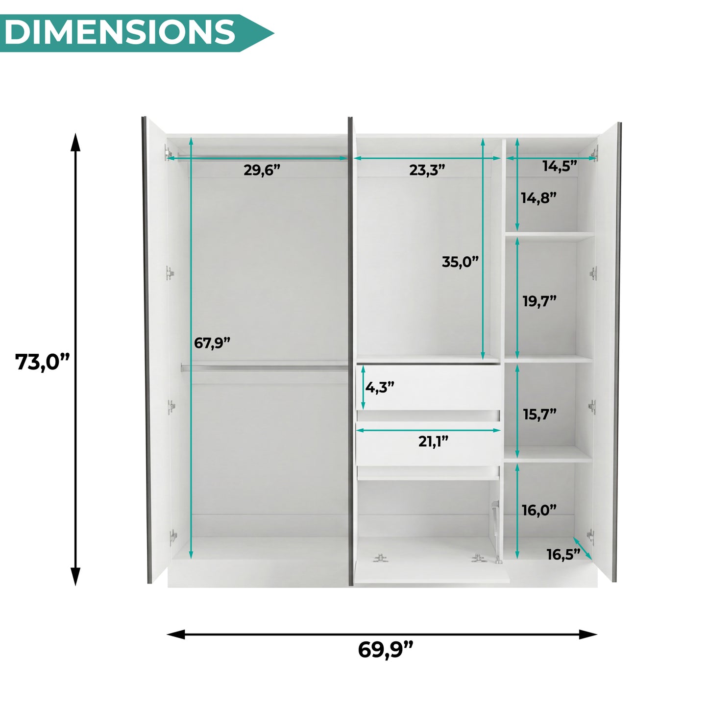 Kamelot Practical and Elegant Freestanding Armoire Wardrobe Double Door Design with Spacious Interior Featuring Hanging Rod and Interior Shelving for Comprehensive Bedroom Storage Solution