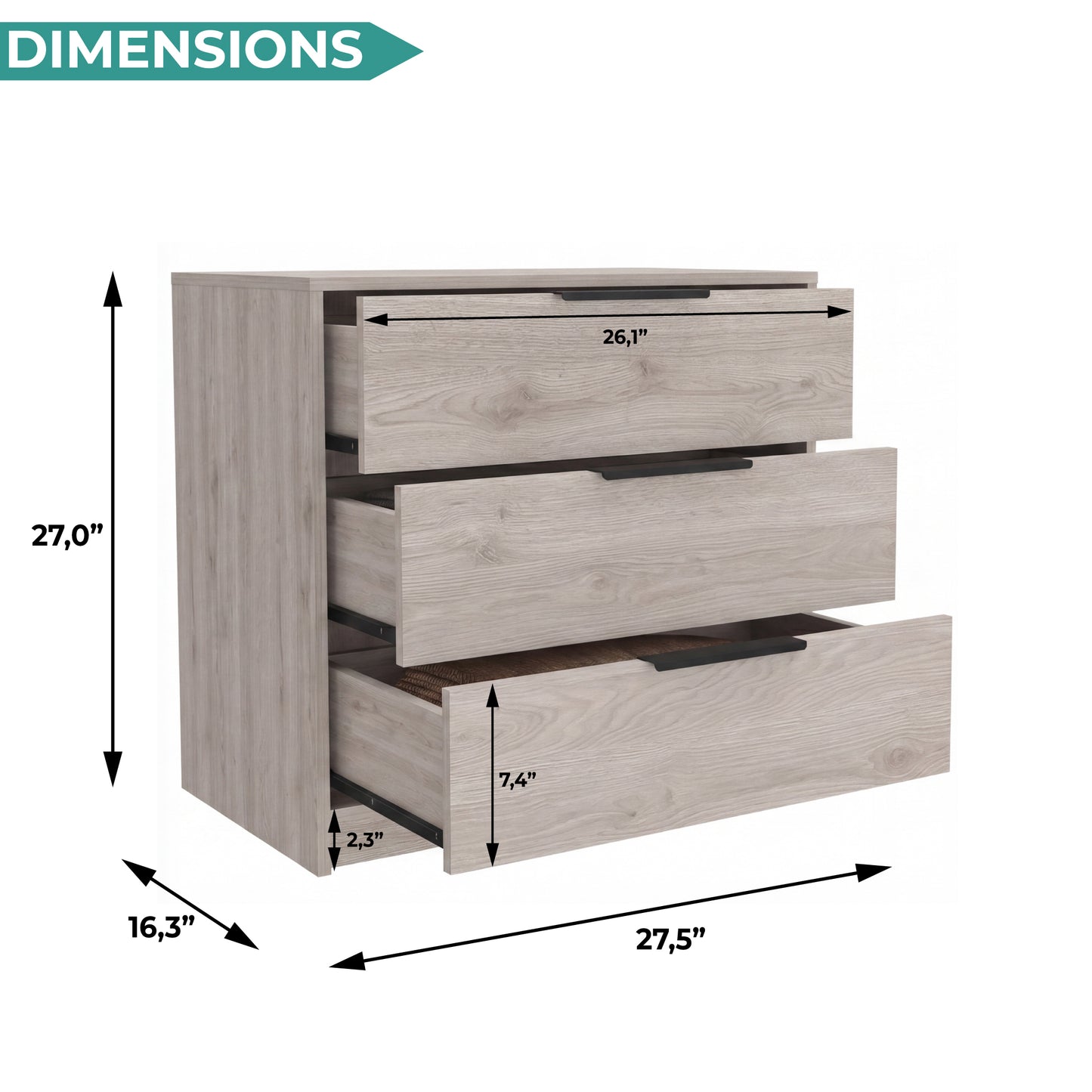 Tuhome Kaia 3 Drawers Dresser with Spacious Storage, Modern Superior Top for Décor, Functional Bedroom Organizer for Clothing and Essentials, Contemporary Space-Saving Furniture with Metal Hardware