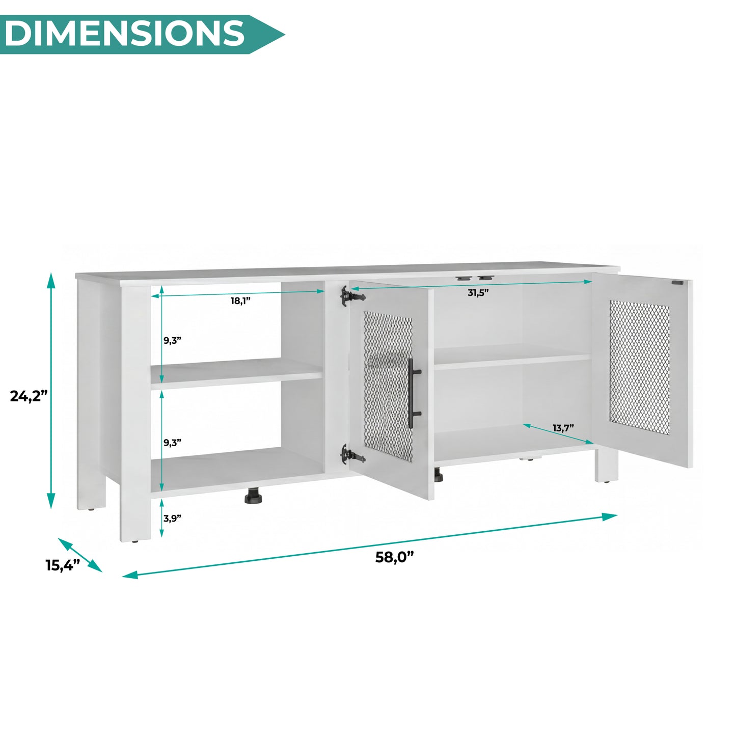 Freedom 65" TV Stand with 5 Open Shelves, 2 Doors, Modern Media Console for Living Room Entertainment Storage