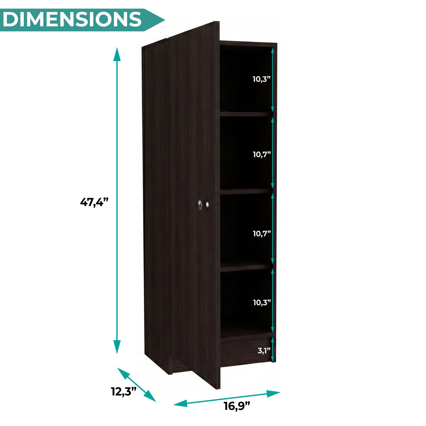Tuhome Belleria Single Door Narrow Storage Cabinet and Pantry with 4 Interior Shelves, Slim Storage Unit for Kitchen, Bedroom, Office, or Living Room