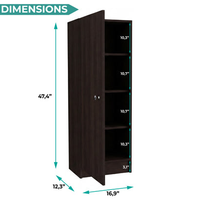 Tuhome Belleria Single Door Narrow Storage Cabinet and Pantry with 4 Interior Shelves, Slim Storage Unit for Kitchen, Bedroom, Office, or Living Room