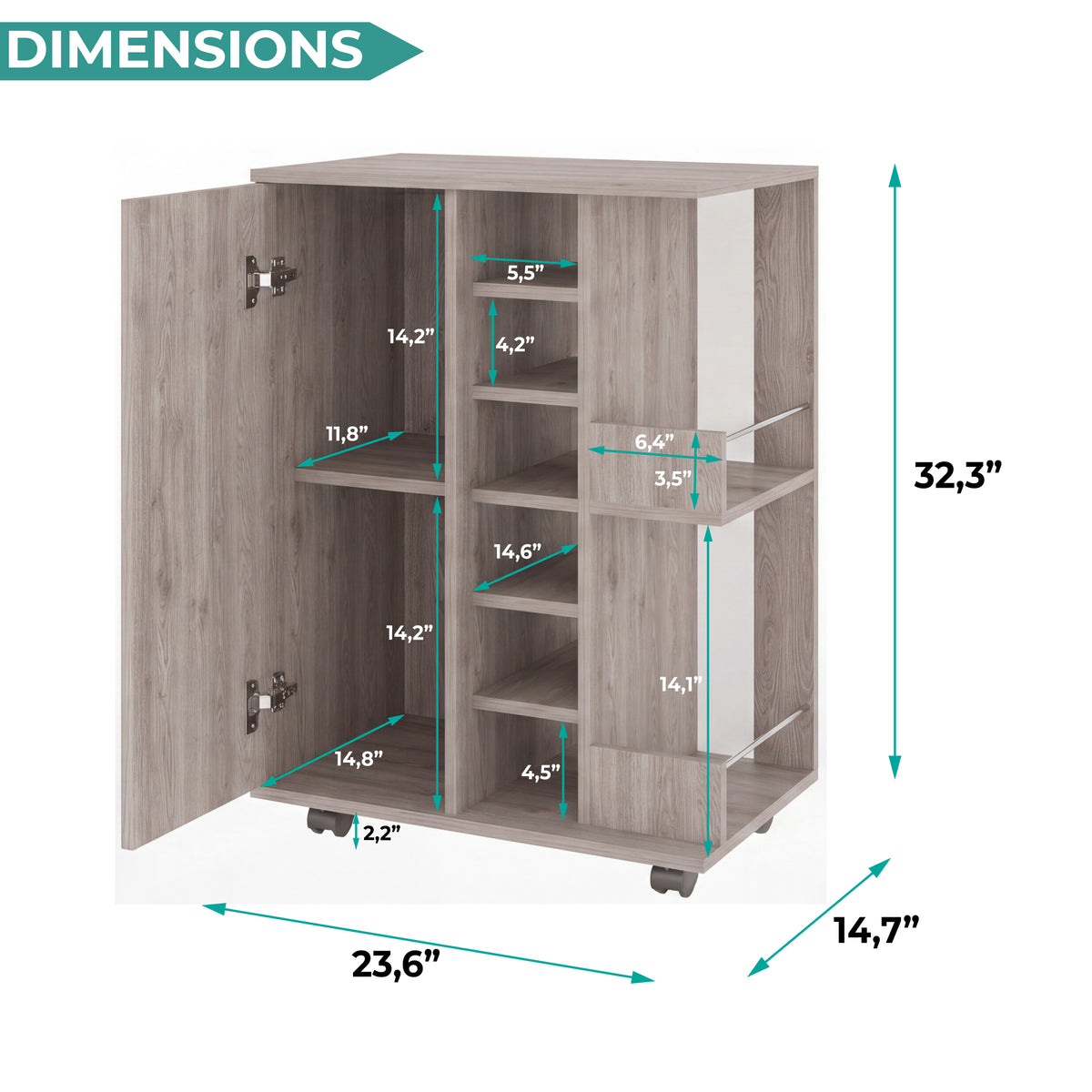 Tuhome Bar Cart with Two External Shelves, Four Casters, Six Built-In Wine Rack, Single Door Cabinet, Modern Design for Home Bar or Living Room