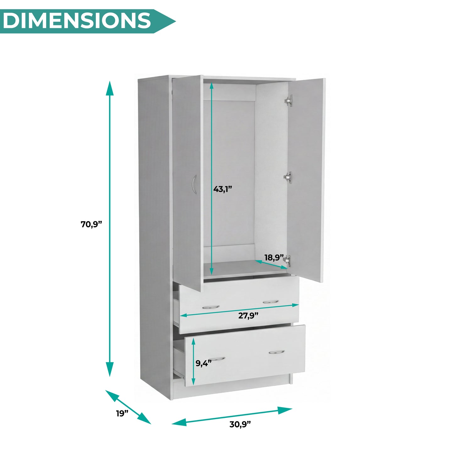 Taly 2-Door Armoire with Two Drawers and Hanging Rod, Spacious Wardrobe Storage Cabinet for Clothing, Accessories and Daily Essentials, Functional Vertical Closet Organizer for Bedrooms and Dressing Spaces