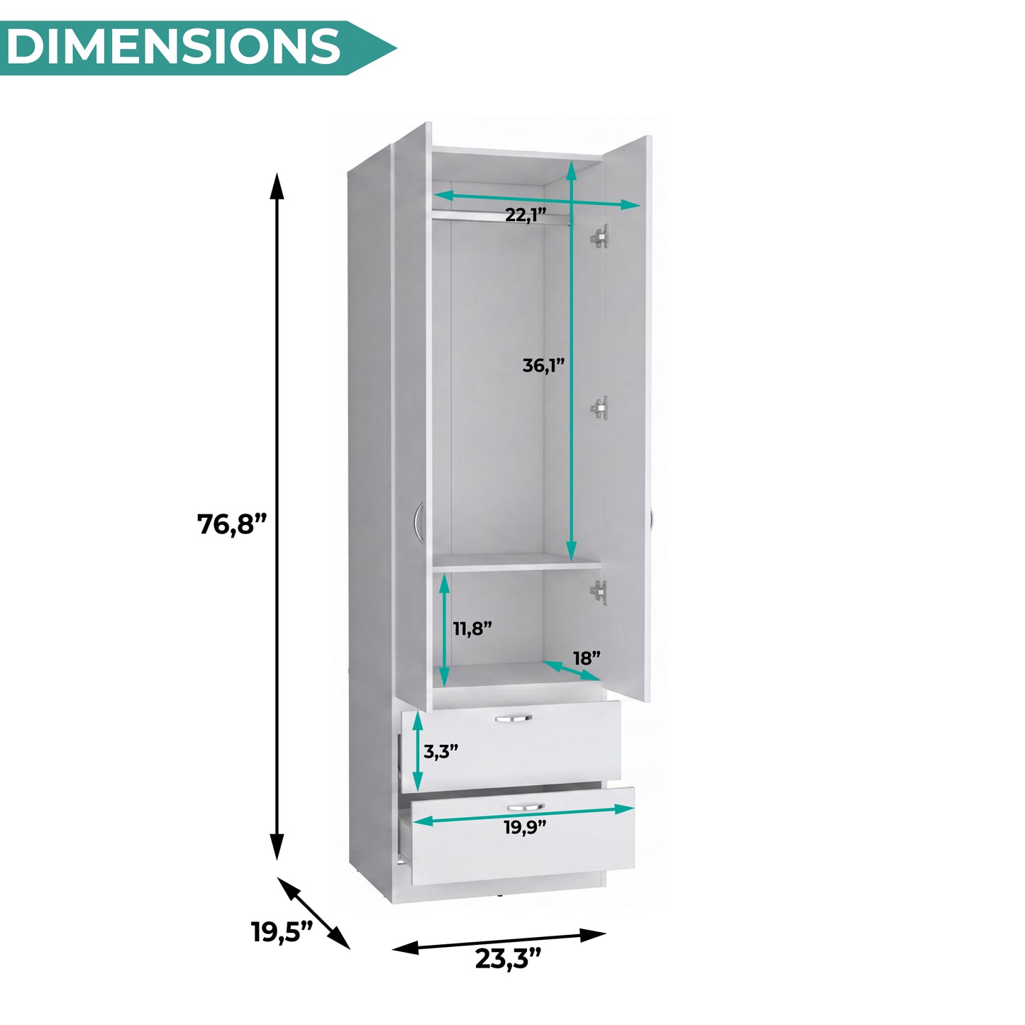 Vico 76-Inch High Armoire Wardrobe Closet with Double Door Cabinet, Two Spacious Drawers, Internal Shelf, Hanging Rod, Multi-Section Clothing Organizer for Bedroom Storage and Freestanding Clothes Organization