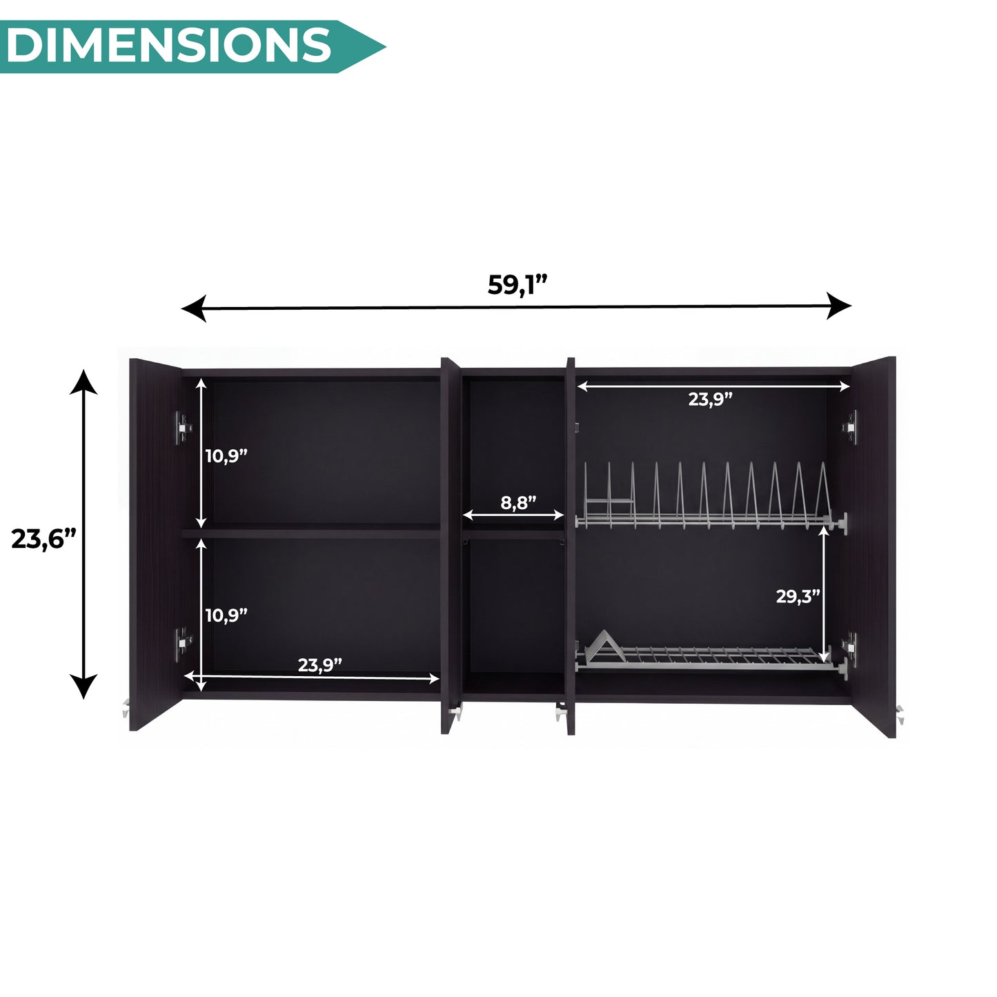 Tuhome Portofino 150 Wall Cabinet with Double Doors, Two External Shelves, Two Interior Shelves, Built-in Dish Rack