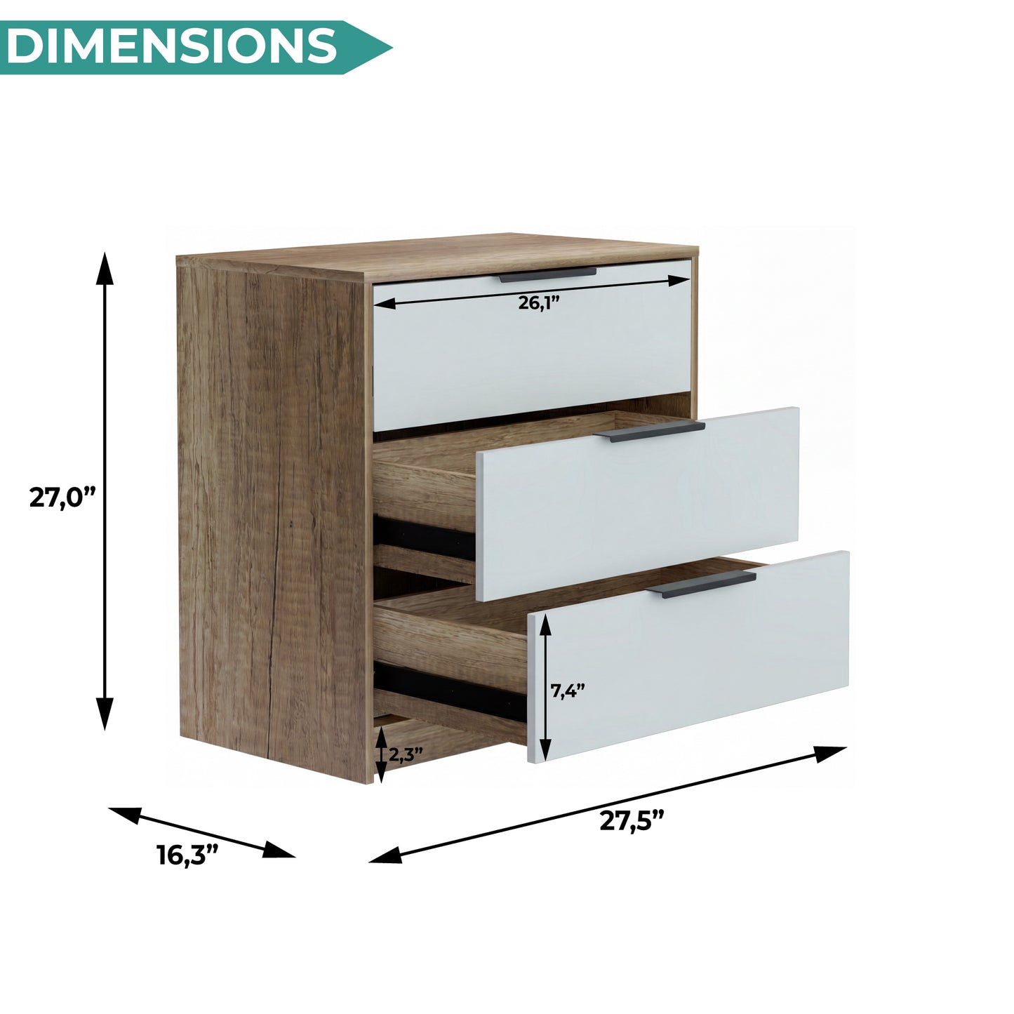 Tuhome Kaia 3 Drawers Dresser with Spacious Storage, Modern Superior Top for Décor, Functional Bedroom Organizer for Clothing and Essentials, Contemporary Space-Saving Furniture with Smooth Metal Hardware