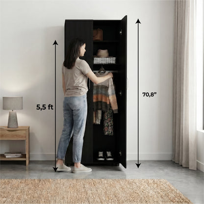 Aurora 70" Tall Bedroom Armoire with Double Doors, Hanging Rod, Two Interior Shelves and Bottom Shoe Shelf, Adjustable Legs, Wall Anchor for Safety, Modern Wardrobe Storage Cabinet