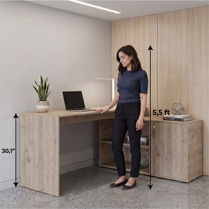 Tuhome Axis Modern L-Shaped Computer Desk with Spacious Work Surface, Open Shelving, Closed Storage Cabinet with Interior Shelves, Contemporary Corner Desk for Home Office Organization and Efficient Work-From-Home Setups