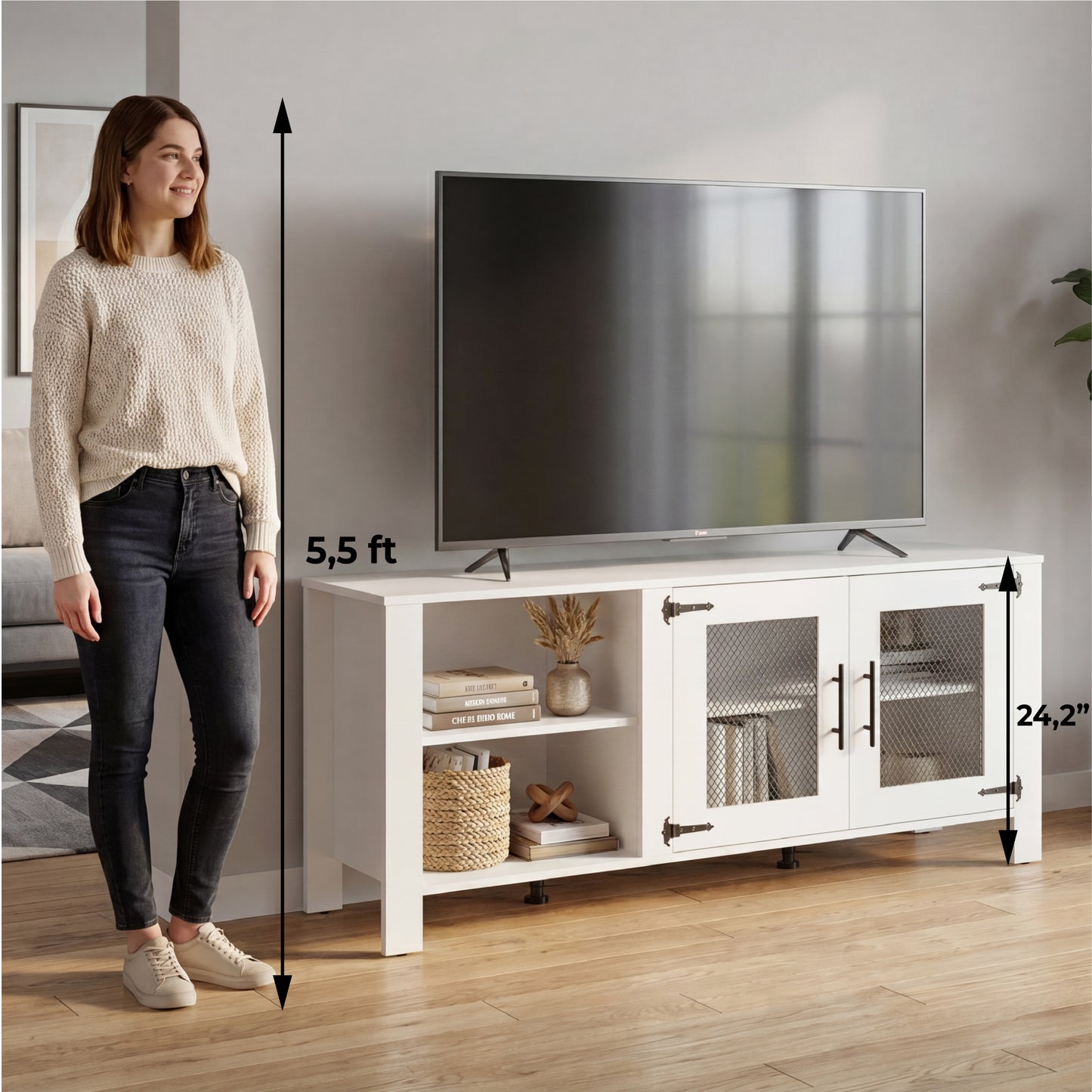 Freedom 65" TV Stand with 5 Open Shelves, 2 Doors, Modern Media Console for Living Room Entertainment Storage