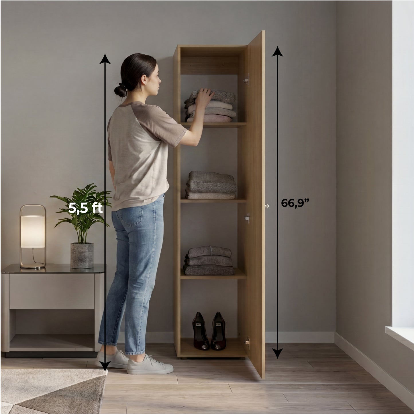 Home Linen Freestanding Tall Cabinet with Single Door with One Mirror and 4 Horizontal Storage Shelves, Cabinet for Bathroom, Bedroom or Laundry Room