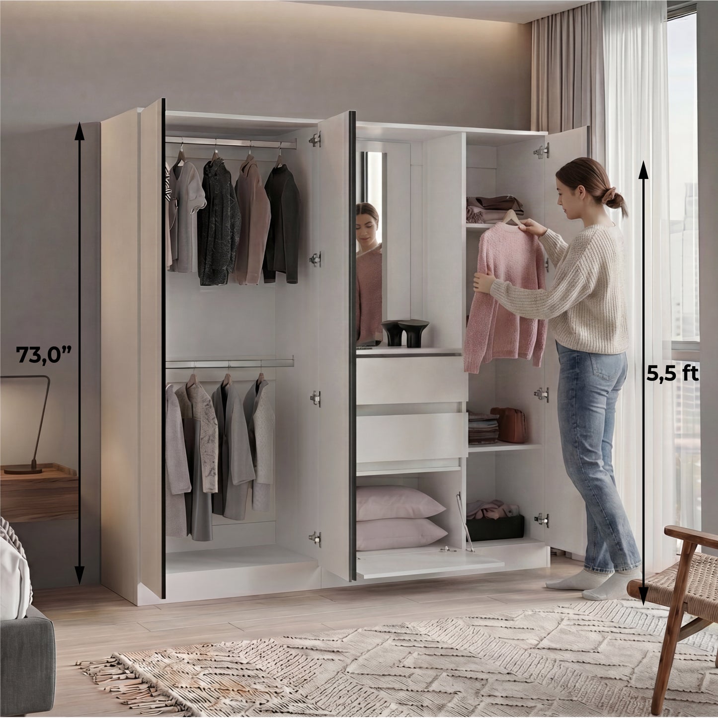 Kamelot Practical and Elegant Freestanding Armoire Wardrobe Double Door Design with Spacious Interior Featuring Hanging Rod and Interior Shelving for Comprehensive Bedroom Storage Solution