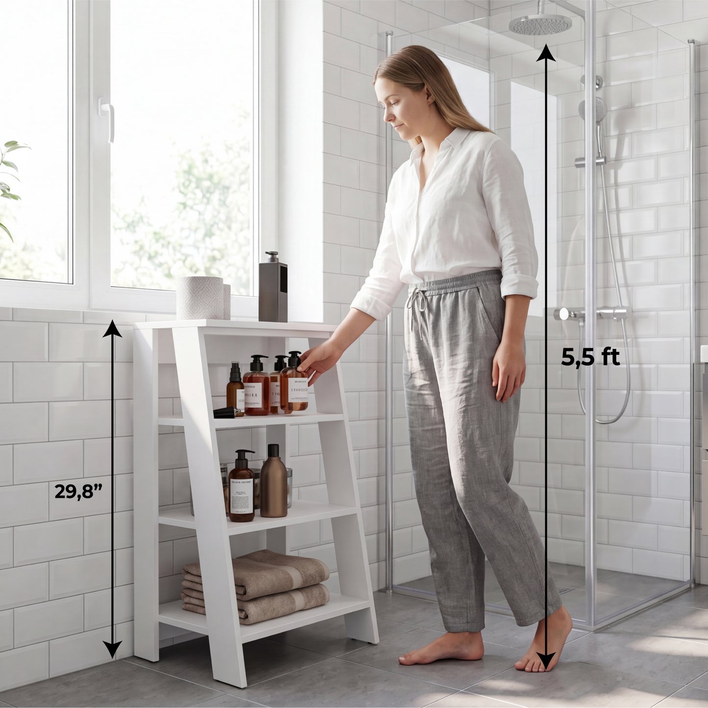 TUHOME Bathbi 30-Inch High Four-Tier Ladder Shelf Organizer, Compact Corner Storage Rack for Bathroom Towels, Living Room Décor or Side Table Use, Modern Space-Saving Display Unit with Open Shelves