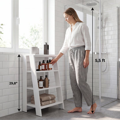 TUHOME Bathbi 30-Inch High Four-Tier Ladder Shelf Organizer, Compact Corner Storage Rack for Bathroom Towels, Living Room Décor or Side Table Use, Modern Space-Saving Display Unit with Open Shelves