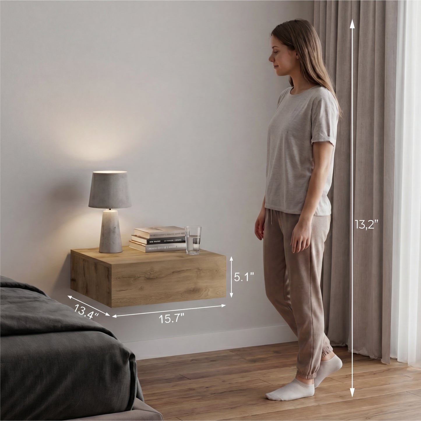 TUHOME Milano Floating Nightstand with Wall-Mounted Design, Spacious Storage Drawer and Upper Display Surface Offering Minimalist Space-Saving Organization and Durable Engineered Wood Construction for Modern Bedroom Interiors