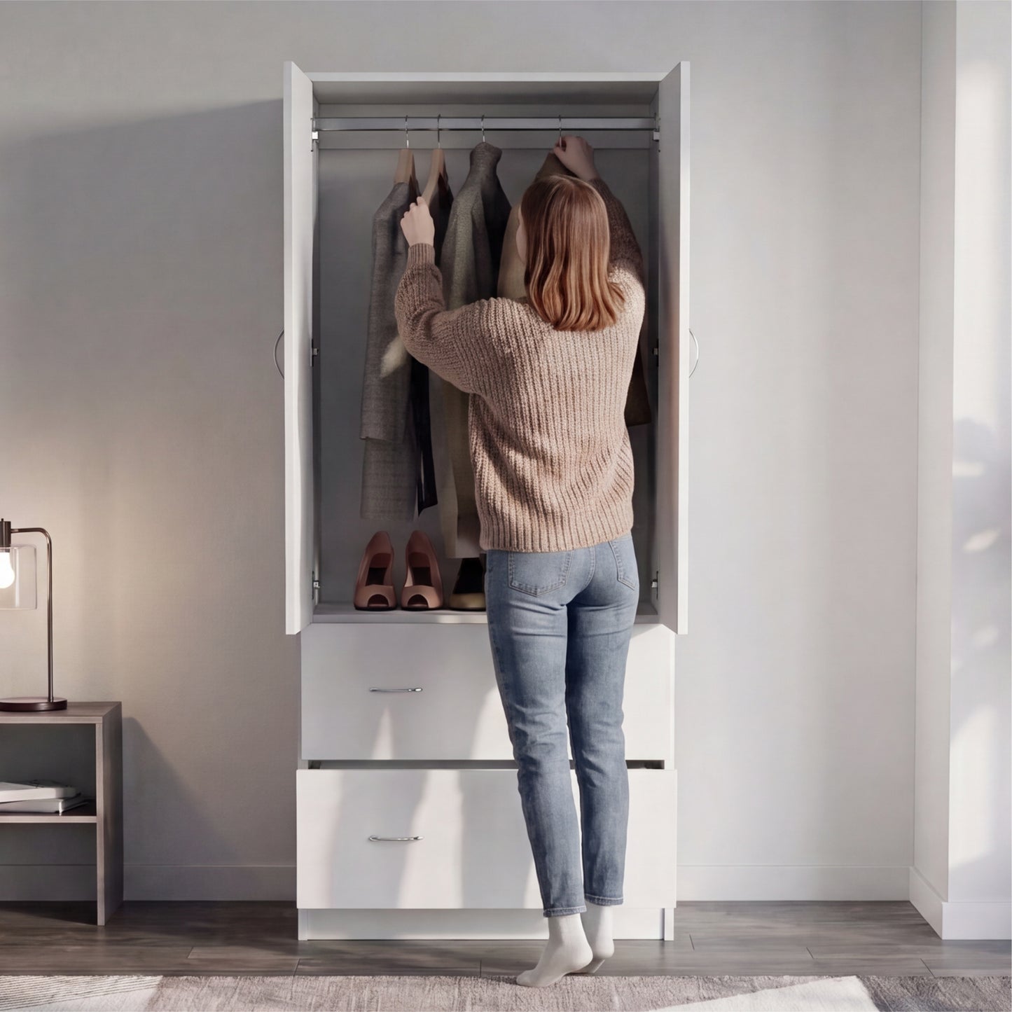 Taly 2-Door Armoire with Two Drawers and Hanging Rod, Spacious Wardrobe Storage Cabinet for Clothing, Accessories and Daily Essentials, Functional Vertical Closet Organizer for Bedrooms and Dressing Spaces