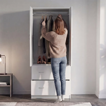 Taly 2-Door Armoire with Two Drawers and Hanging Rod, Spacious Wardrobe Storage Cabinet for Clothing, Accessories and Daily Essentials, Functional Vertical Closet Organizer for Bedrooms and Dressing Spaces