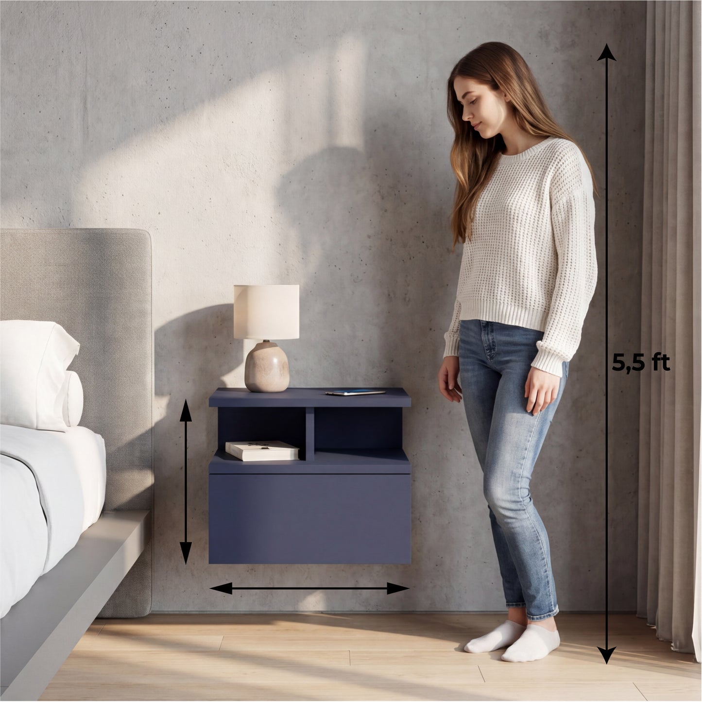 TUHOME Adele Floating Nightstand with Single Drawer and Two Lower Storage Shelves, Wall-Mounted Space-Saving Bedside Organizer for Modern Bedrooms, Compact Display and Storage Solution for Essentials and Decorative Items