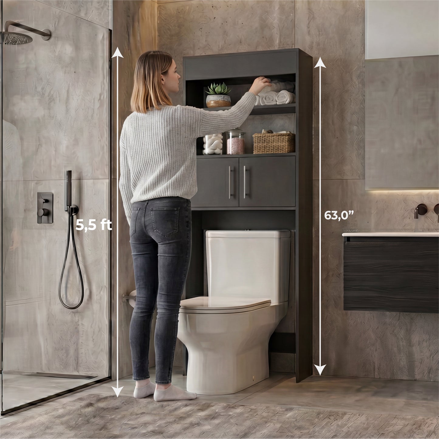 TUHOME Madrid Over The Toilet Cabinet with Double Door Storage, Two Spacious Shelves, Space-Saving Bathroom Organizer for Toiletries, Towels and Essentials, Modern Freestanding Design.