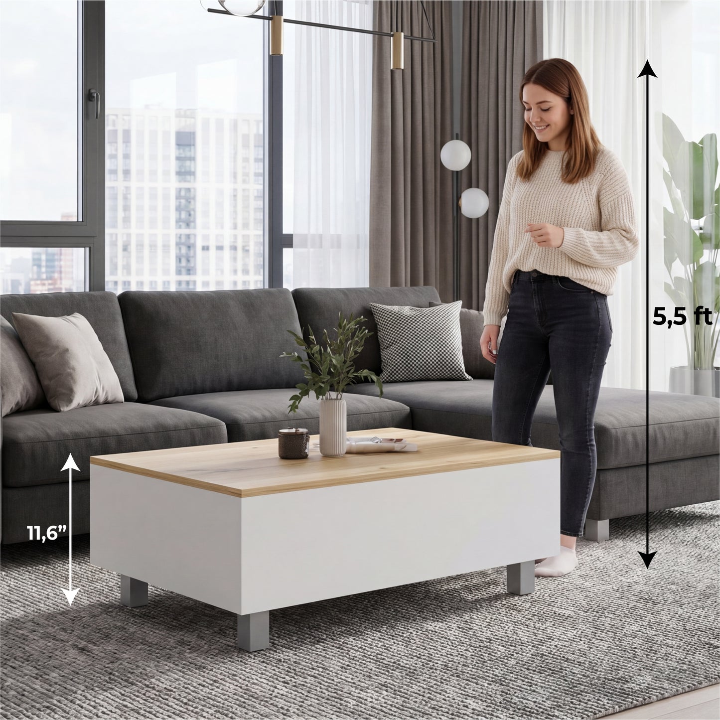 Tuhome Gambia Modern Lift-Top Coffee Table with Hidden Storage, Multi-Function Center Table, Ideal for Living Room, Stylish and Functional Design
