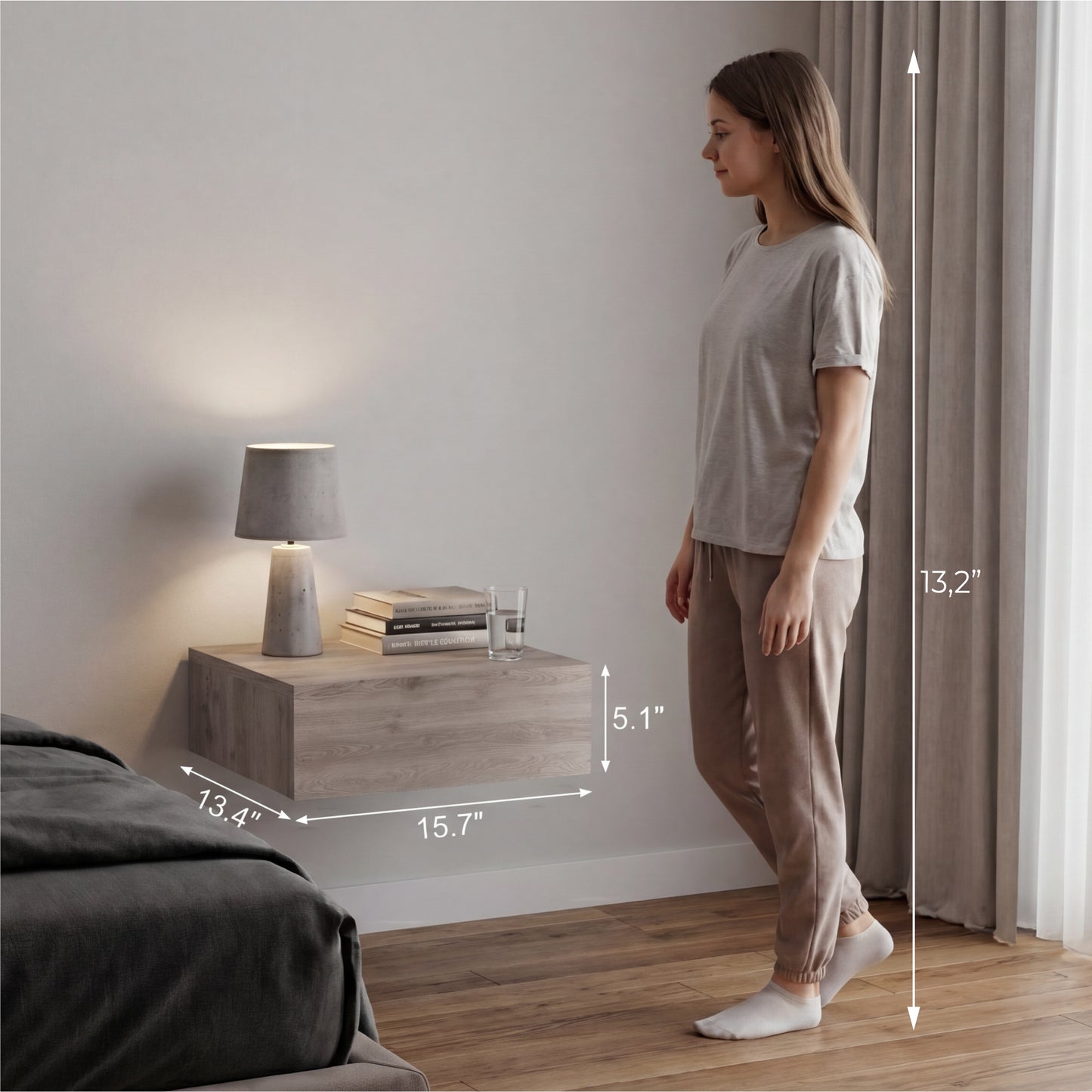 TUHOME Milano Floating Nightstand with Wall-Mounted Design, Spacious Storage Drawer and Upper Display Surface Offering Minimalist Space-Saving Organization and Durable Engineered Wood Construction for Modern Bedroom Interiors