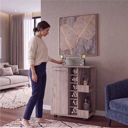 Tuhome Bar Cart with Two External Shelves, Four Casters, Six Built-In Wine Rack, Single Door Cabinet, Modern Design for Home Bar or Living Room