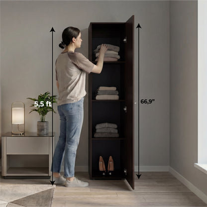 Home Linen Freestanding Tall Cabinet with Single Door with One Mirror and 4 Horizontal Storage Shelves, Cabinet for Bathroom, Bedroom or Laundry Room