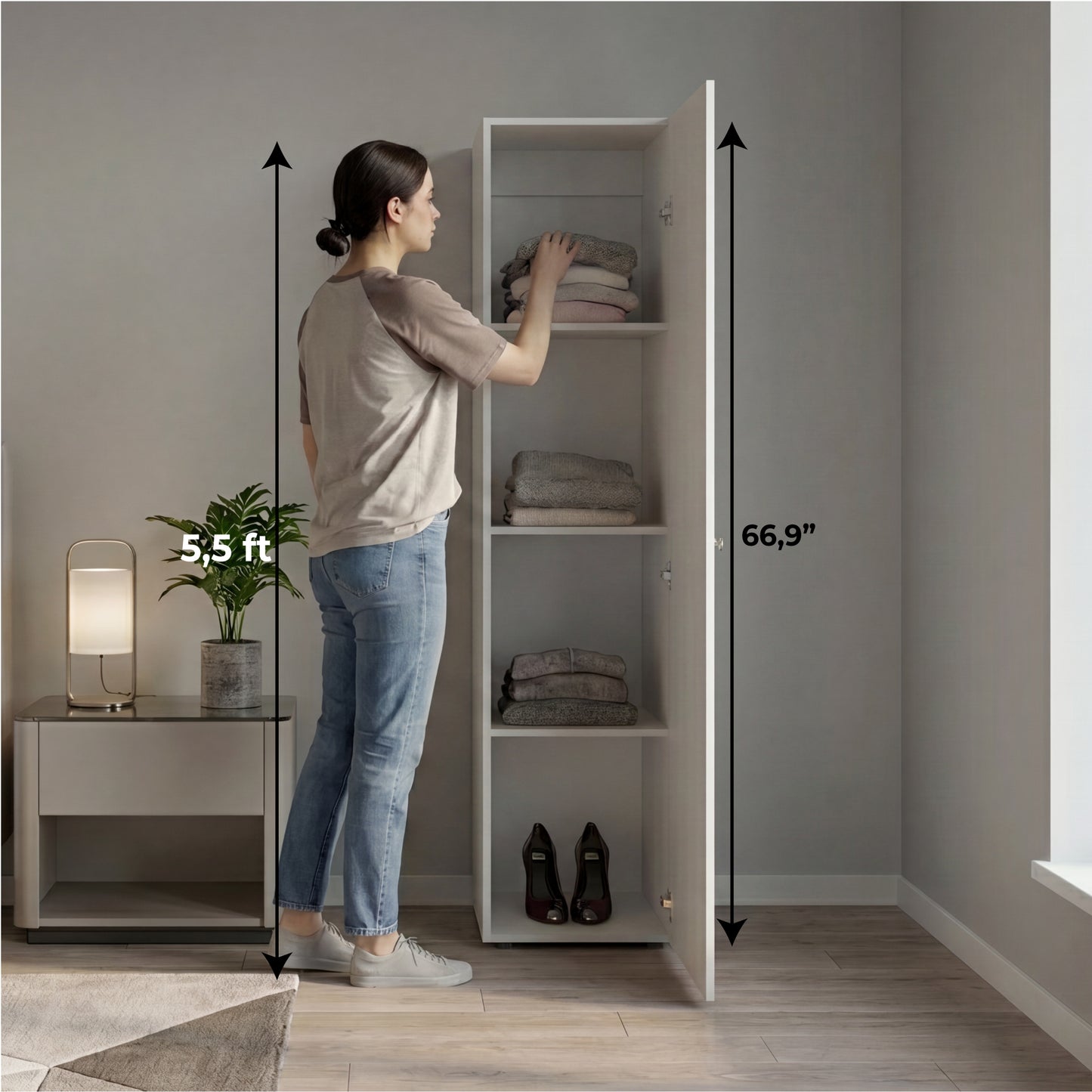 Home Linen Freestanding Tall Cabinet with Single Door with One Mirror and 4 Horizontal Storage Shelves, Cabinet for Bathroom, Bedroom or Laundry Room