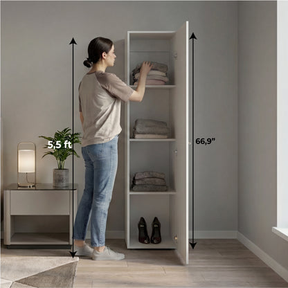 Home Linen Freestanding Tall Cabinet with Single Door with One Mirror and 4 Horizontal Storage Shelves, Cabinet for Bathroom, Bedroom or Laundry Room