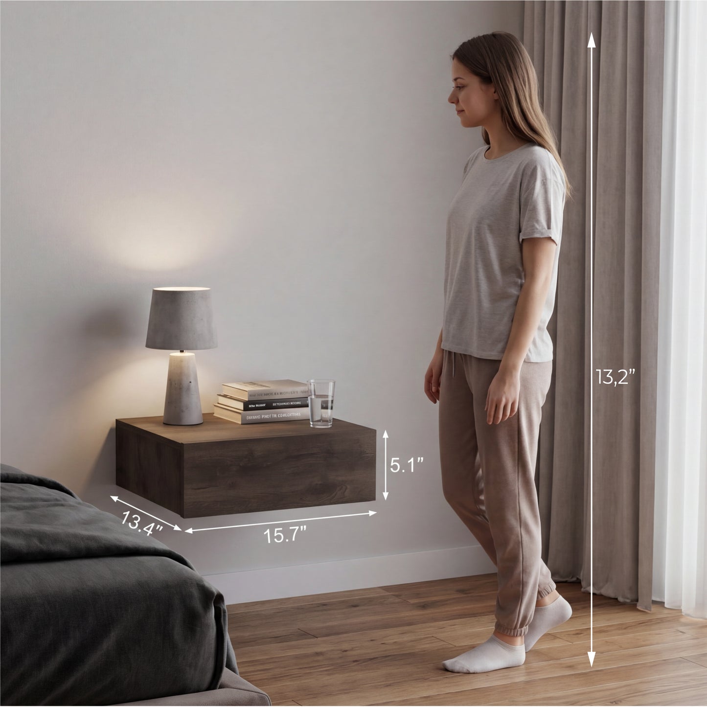 TUHOME Milano Floating Nightstand with Wall-Mounted Design, Spacious Storage Drawer and Upper Display Surface Offering Minimalist Space-Saving Organization and Durable Engineered Wood Construction for Modern Bedroom Interiors