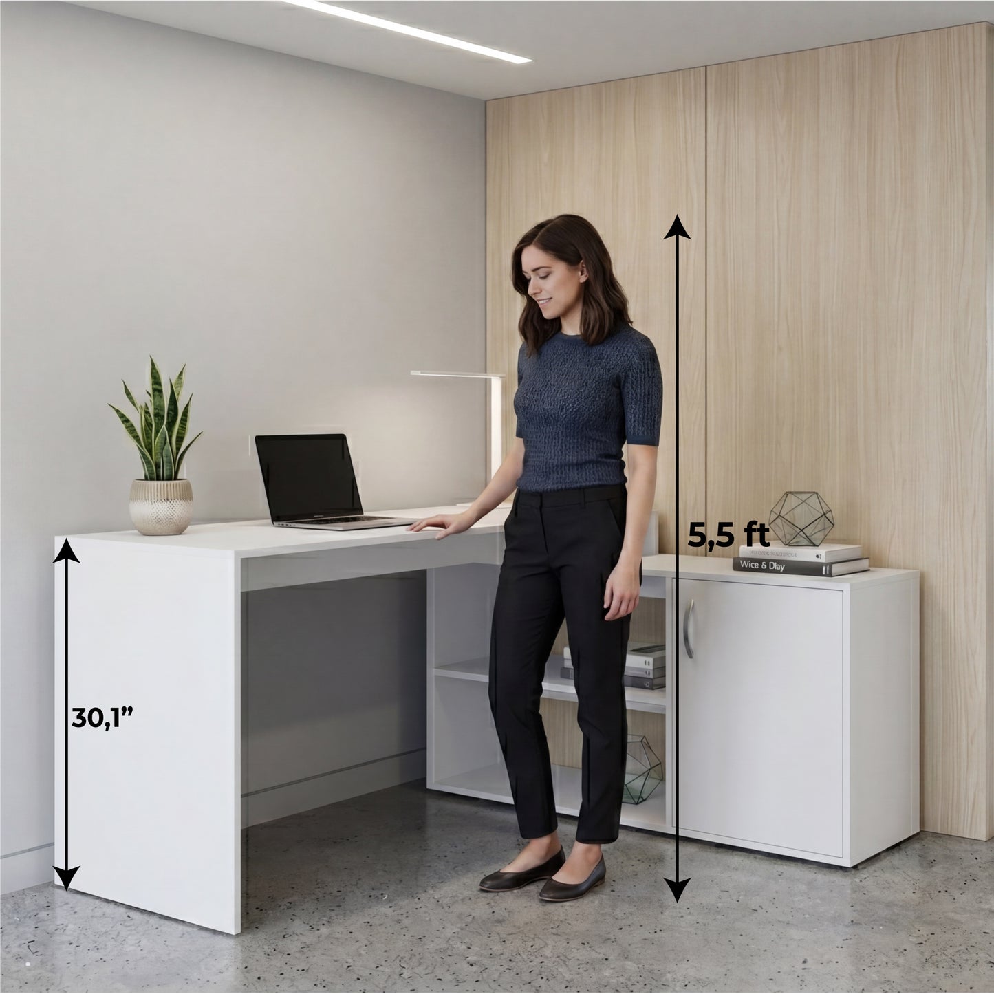 Tuhome Axis Modern L-Shaped Computer Desk with Spacious Work Surface, Open Shelving, Closed Storage Cabinet with Interior Shelves, Contemporary Corner Desk for Home Office Organization and Efficient Work-From-Home Setups