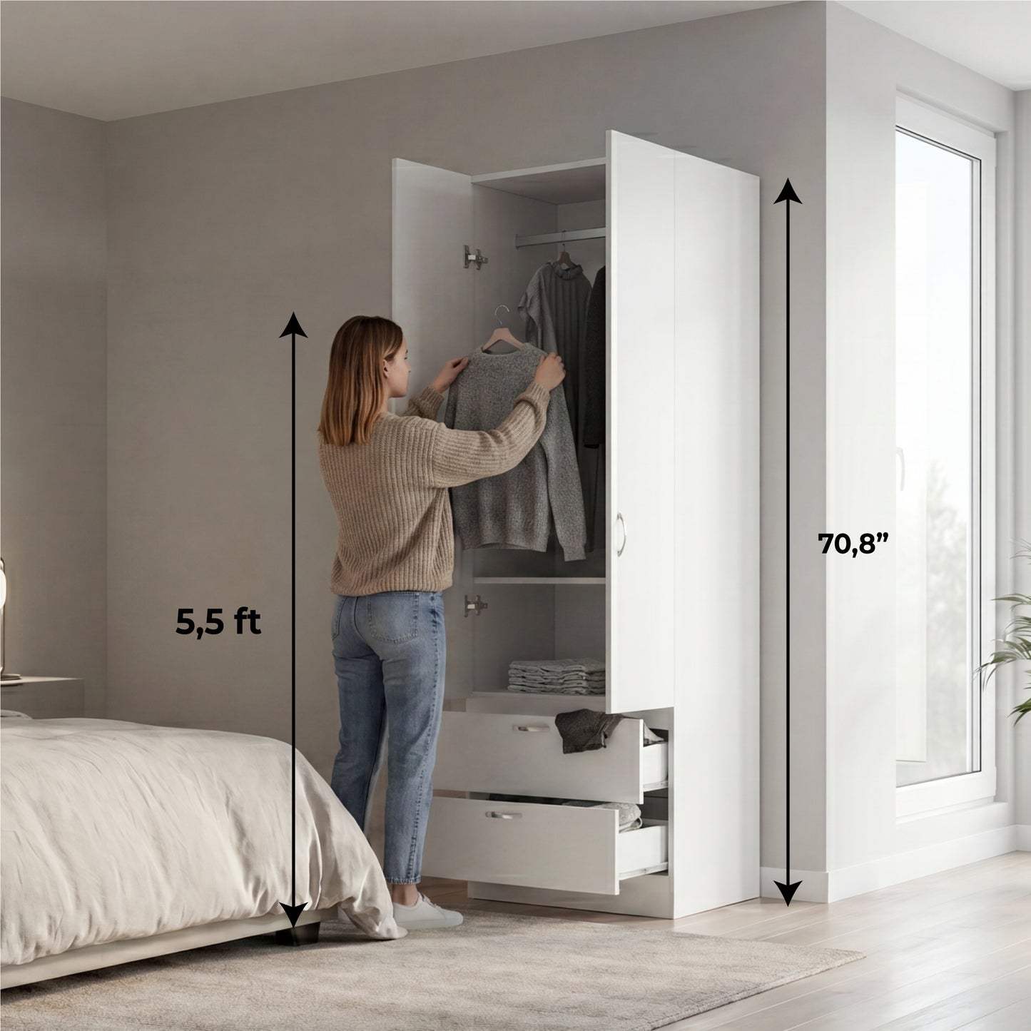 Vico 76-Inch High Armoire Wardrobe Closet with Double Door Cabinet, Two Spacious Drawers, Internal Shelf, Hanging Rod, Multi-Section Clothing Organizer for Bedroom Storage and Freestanding Clothes Organization