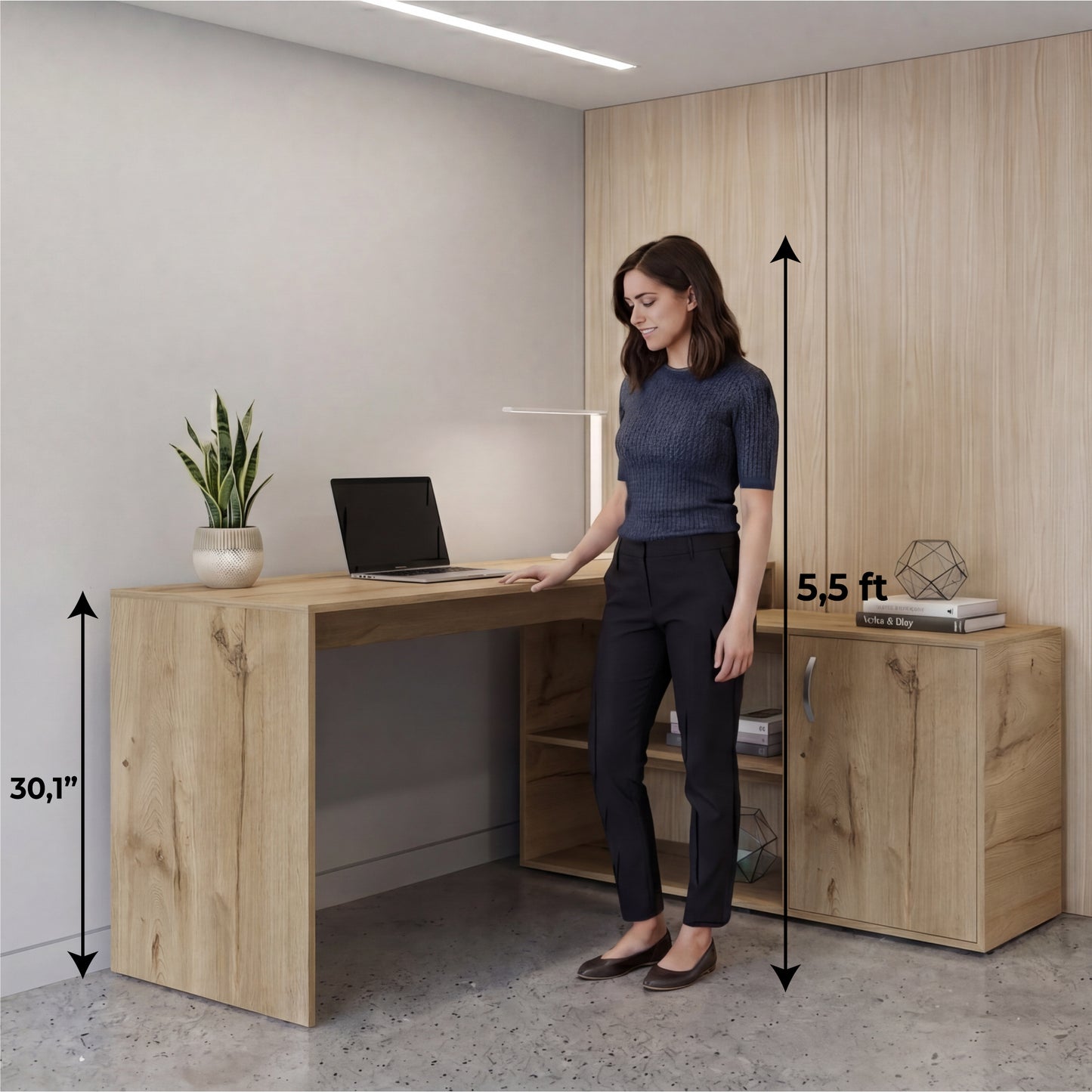 Tuhome Axis Modern L-Shaped Computer Desk with Spacious Work Surface, Open Shelving, Closed Storage Cabinet with Interior Shelves, Contemporary Corner Desk for Home Office Organization and Efficient Work-From-Home Setups