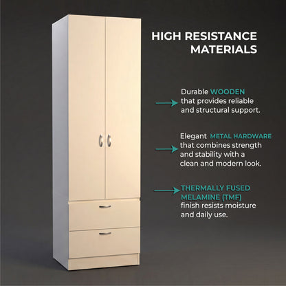 Vico 76-Inch High Armoire Wardrobe Closet with Double Door Cabinet, Two Spacious Drawers, Internal Shelf, Hanging Rod, Multi-Section Clothing Organizer for Bedroom Storage and Freestanding Clothes Organization