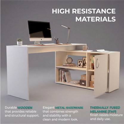 Tuhome Axis Modern L-Shaped Computer Desk with Spacious Work Surface, Open Shelving, Closed Storage Cabinet with Interior Shelves, Contemporary Corner Desk for Home Office Organization and Efficient Work-From-Home Setups