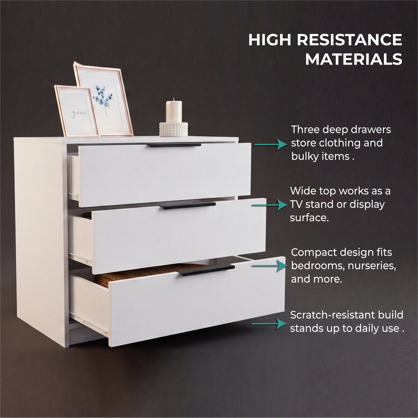 Tuhome Kaia 3 Drawers Dresser with Spacious Storage, Modern Superior Top for Décor, Functional Bedroom Organizer for Clothing and Essentials, Contemporary Space-Saving Furniture with Smooth Metal Hardware