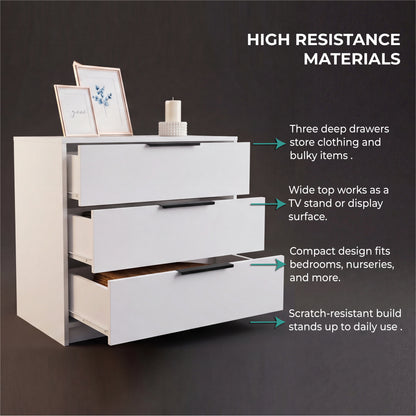 Tuhome Kaia 3 Drawers Dresser with Spacious Storage, Modern Superior Top for Décor, Functional Bedroom Organizer for Clothing and Essentials, Contemporary Space-Saving Furniture with Smooth Metal Hardware