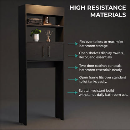 TUHOME Madrid Over The Toilet Cabinet with Double Door Storage, Two Spacious Shelves, Space-Saving Bathroom Organizer for Toiletries, Towels and Essentials, Modern Freestanding Design.