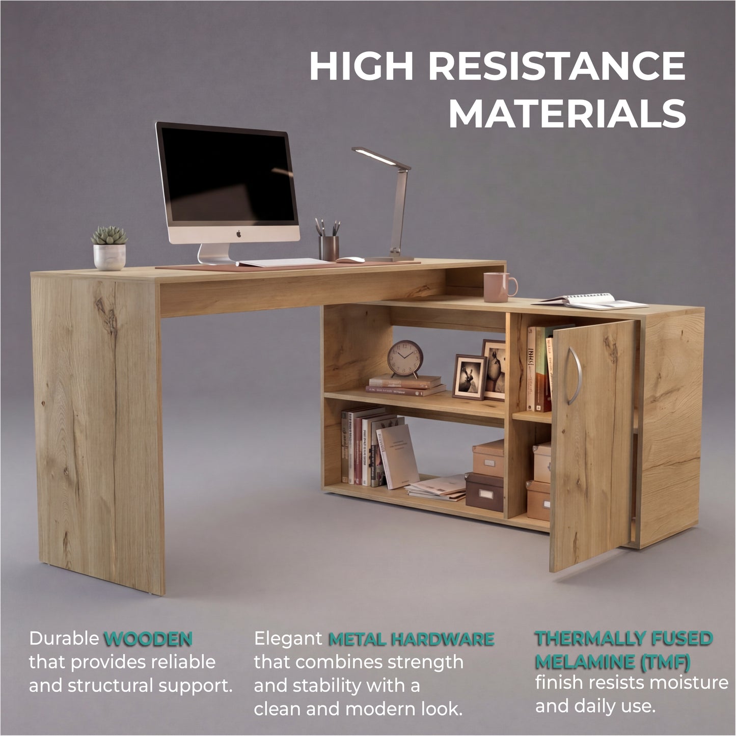 Tuhome Axis Modern L-Shaped Computer Desk with Spacious Work Surface, Open Shelving, Closed Storage Cabinet with Interior Shelves, Contemporary Corner Desk for Home Office Organization and Efficient Work-From-Home Setups
