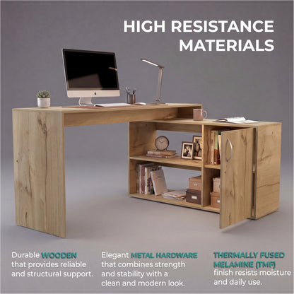 Tuhome Axis Modern L-Shaped Computer Desk with Spacious Work Surface, Open Shelving, Closed Storage Cabinet with Interior Shelves, Contemporary Corner Desk for Home Office Organization and Efficient Work-From-Home Setups
