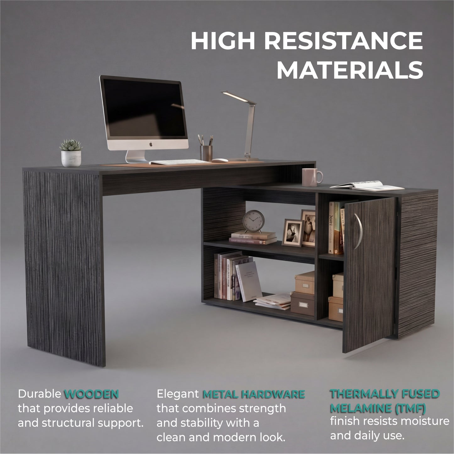 Tuhome Axis Modern L-Shaped Computer Desk with Spacious Work Surface, Open Shelving, Closed Storage Cabinet with Interior Shelves, Contemporary Corner Desk for Home Office Organization and Efficient Work-From-Home Setups